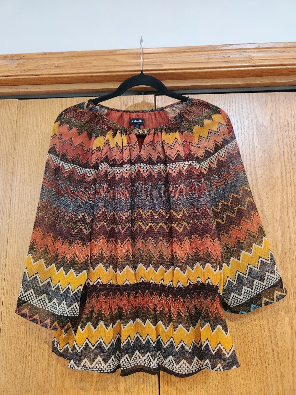 Rafaella Petite Chevron Sheer Blouse L/G Multicolor Boho Peplum 3/4 Sleeve